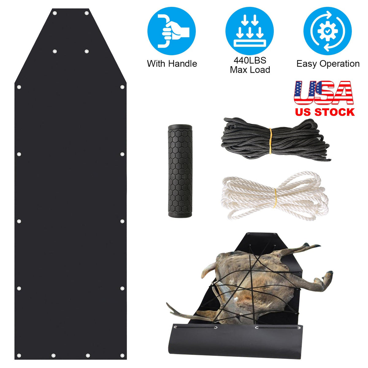 Deer Drag Sled with Handle Deer Cart Game Hauler Snow Sledding Pad Hunting Gear Supplies with 32.8FT Black Rope 16.1FT White Rope for Hunting Ice Fish