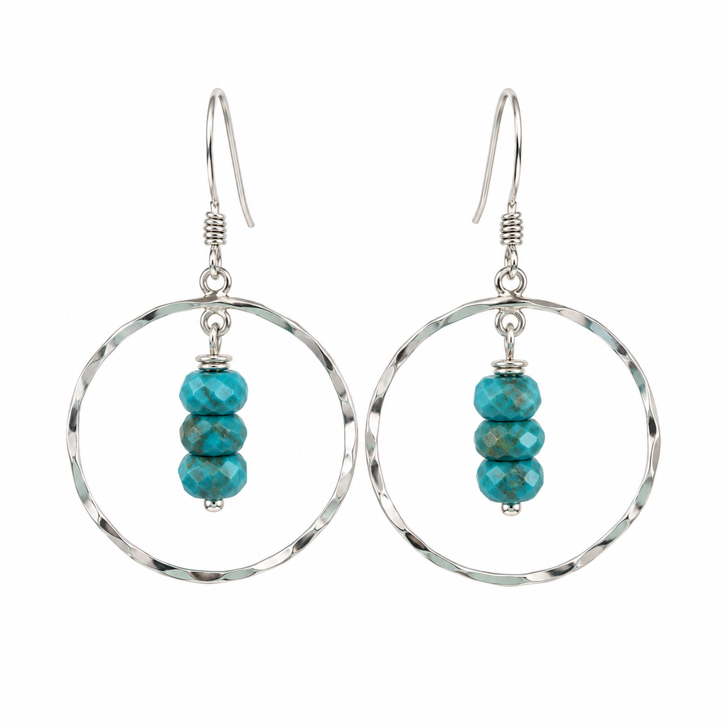 Hammered Circle Earrings with Turquoise - Sterling Silver