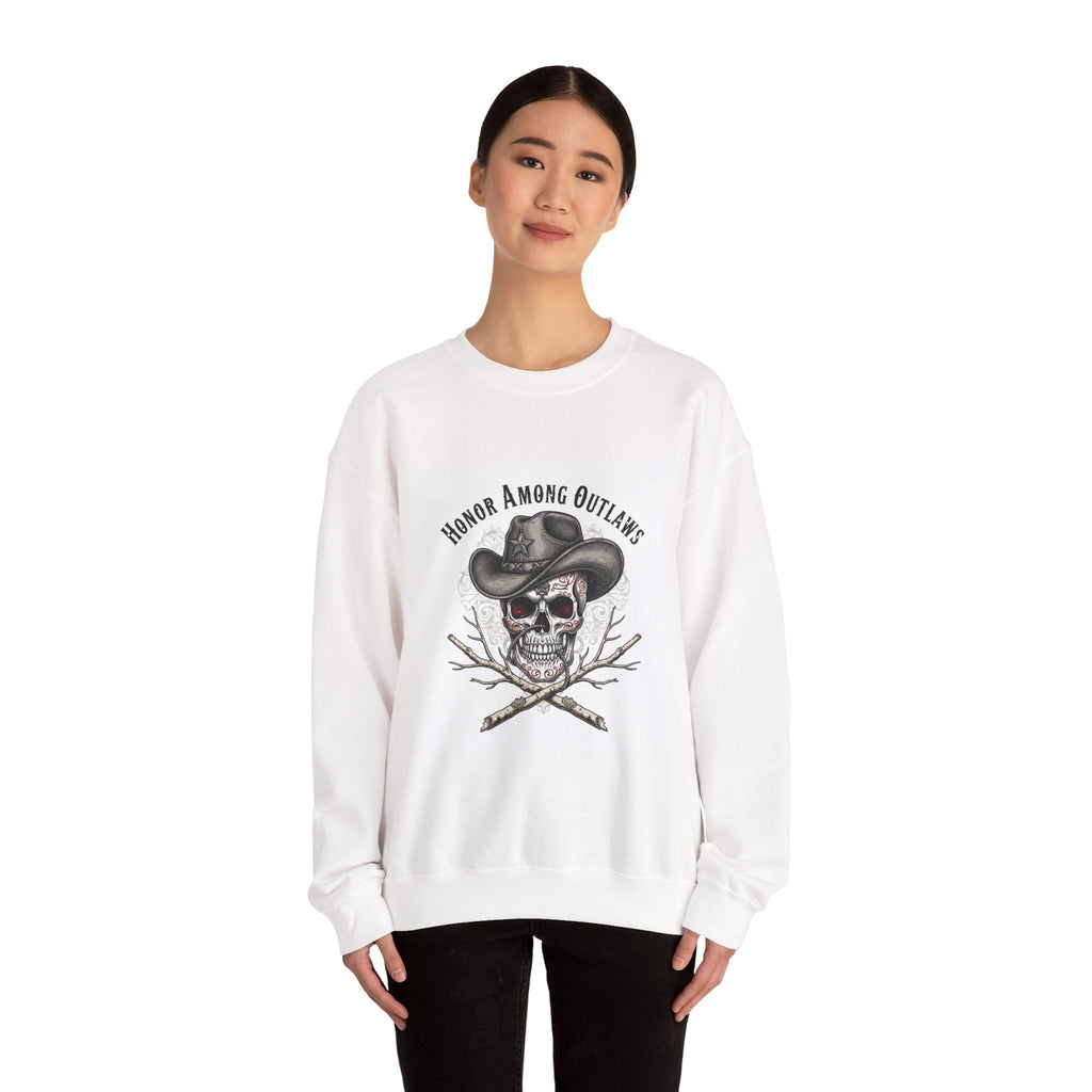 Honor Among Outlaws Crewneck, western skull art | gothic Americana, desert noir design