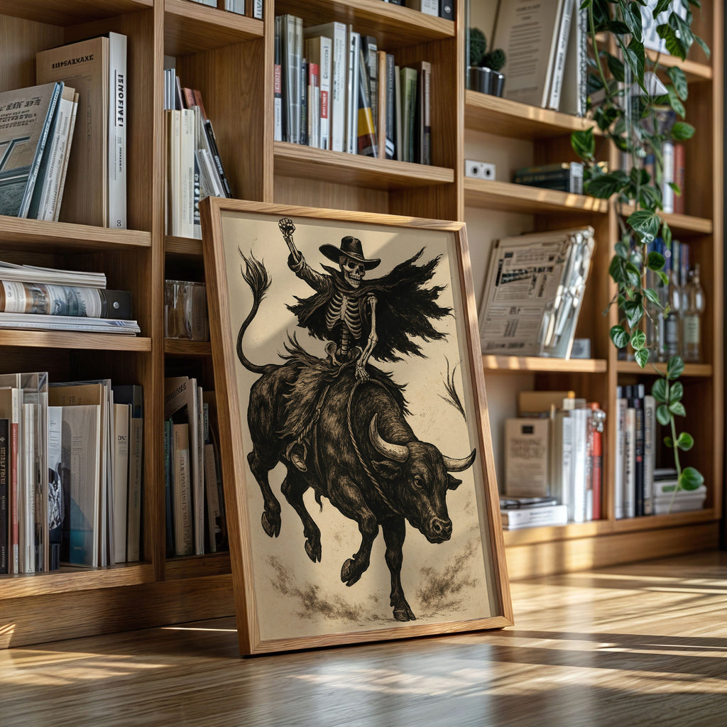 Skeleton Bull Rider – Vintage Western Rodeo Skull Art Print