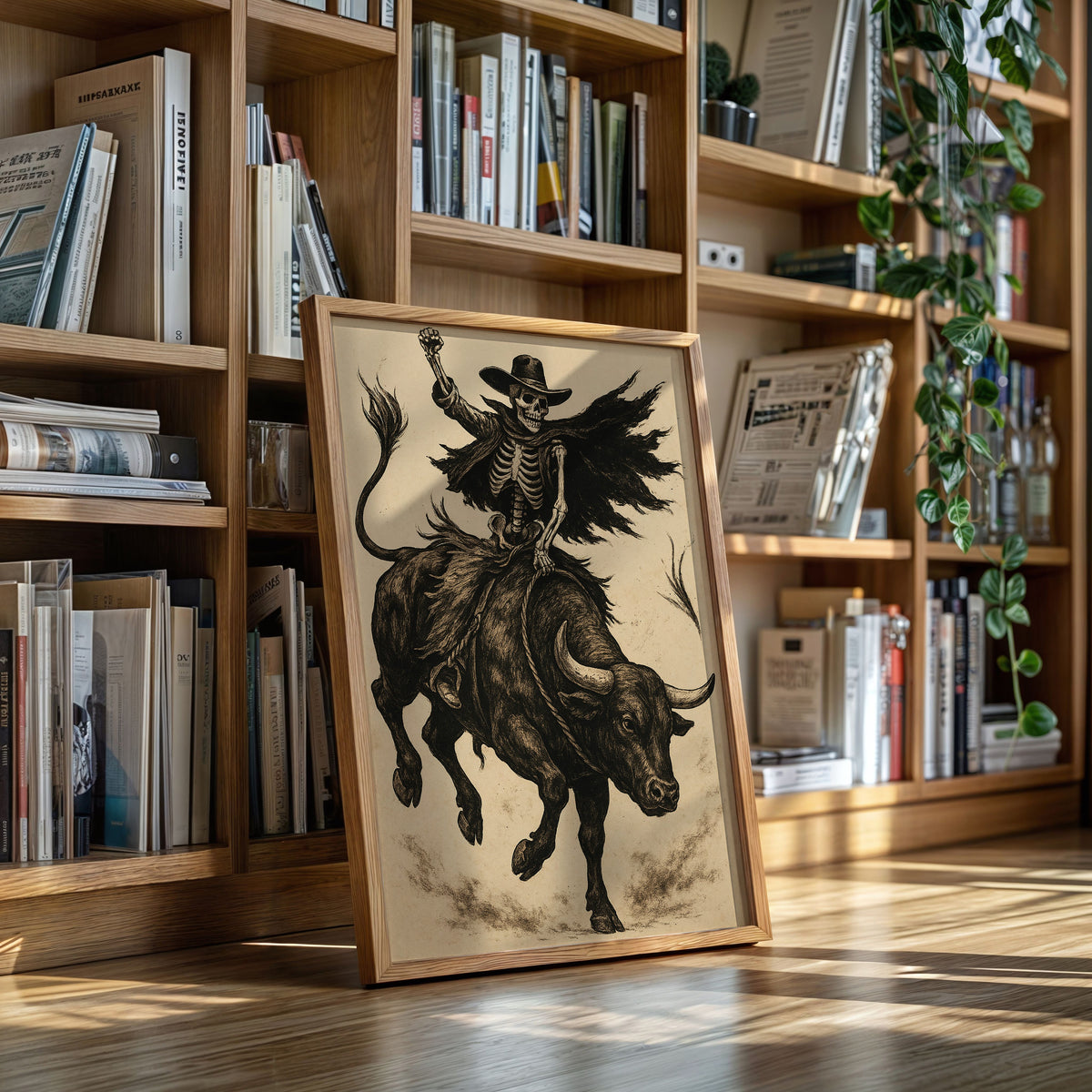 Skeleton Bull Rider – Vintage Western Rodeo Skull Art Print