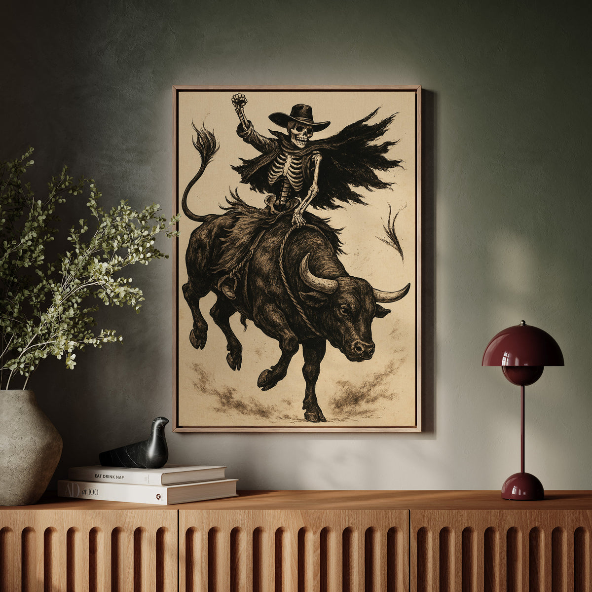 Skeleton Bull Rider – Vintage Western Rodeo Skull Art Print