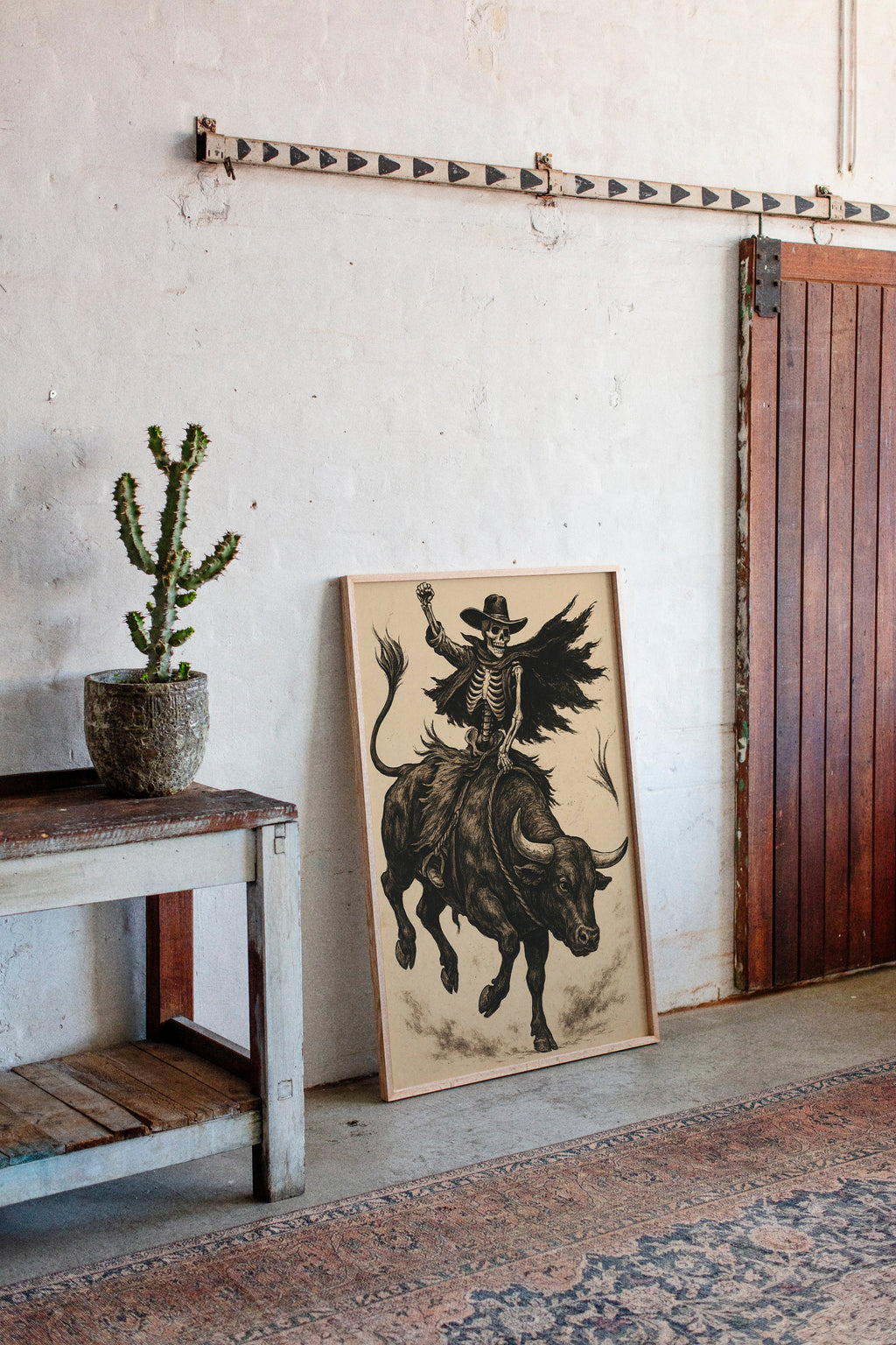 Skeleton Bull Rider – Vintage Western Rodeo Skull Art Print