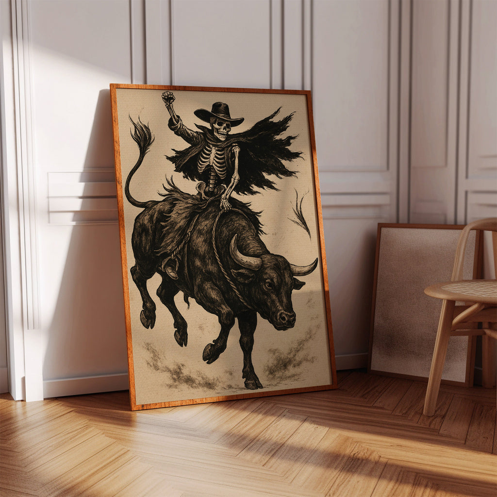 Skeleton Bull Rider – Vintage Western Rodeo Skull Art Print