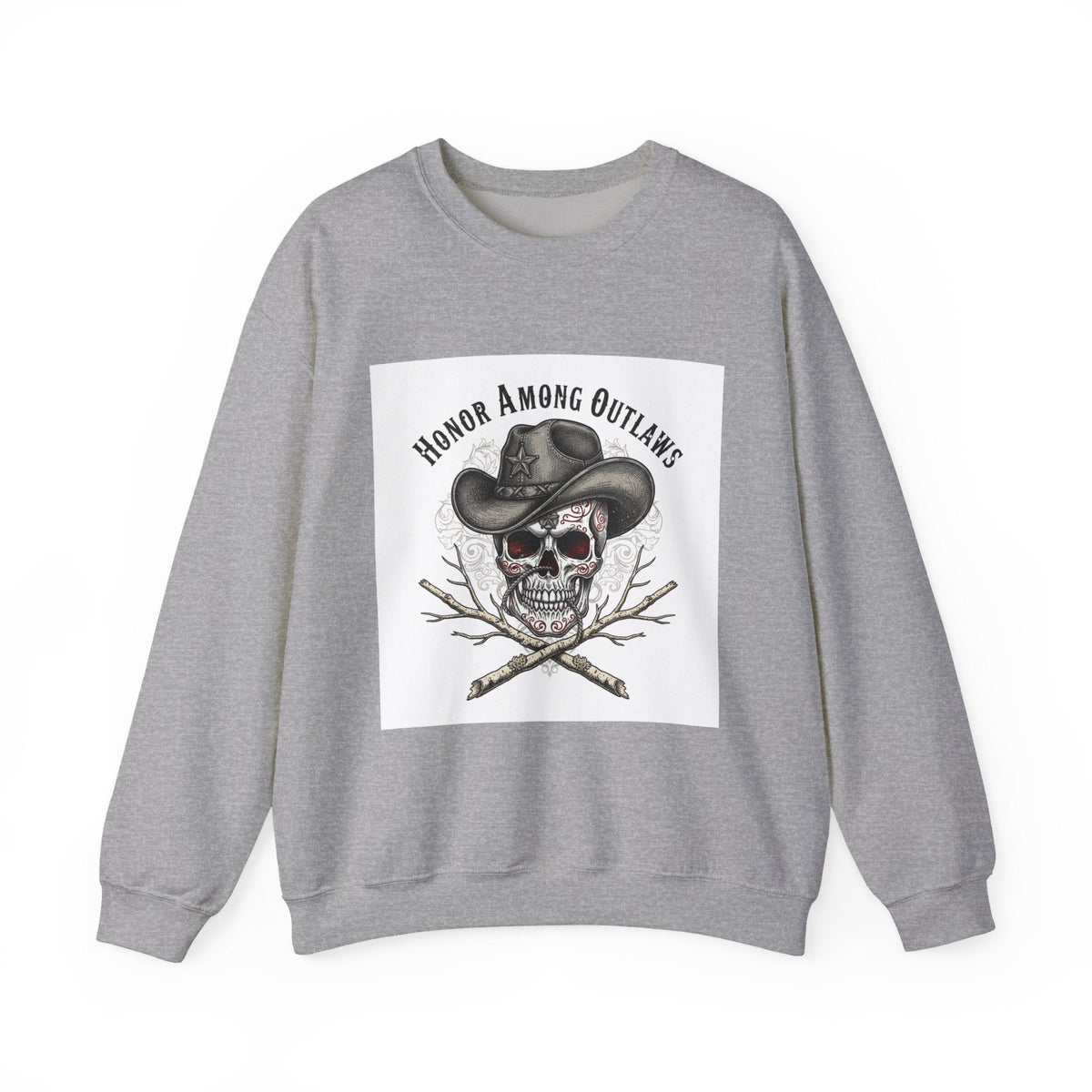 Honor Among Outlaws Crewneck, western skull art | gothic Americana, desert noir design