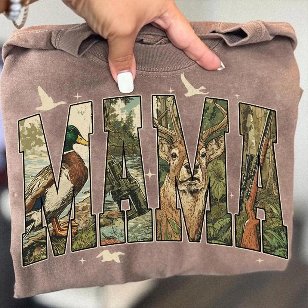Mama deer camo, gun, & duck hunting tee or sweatshirt