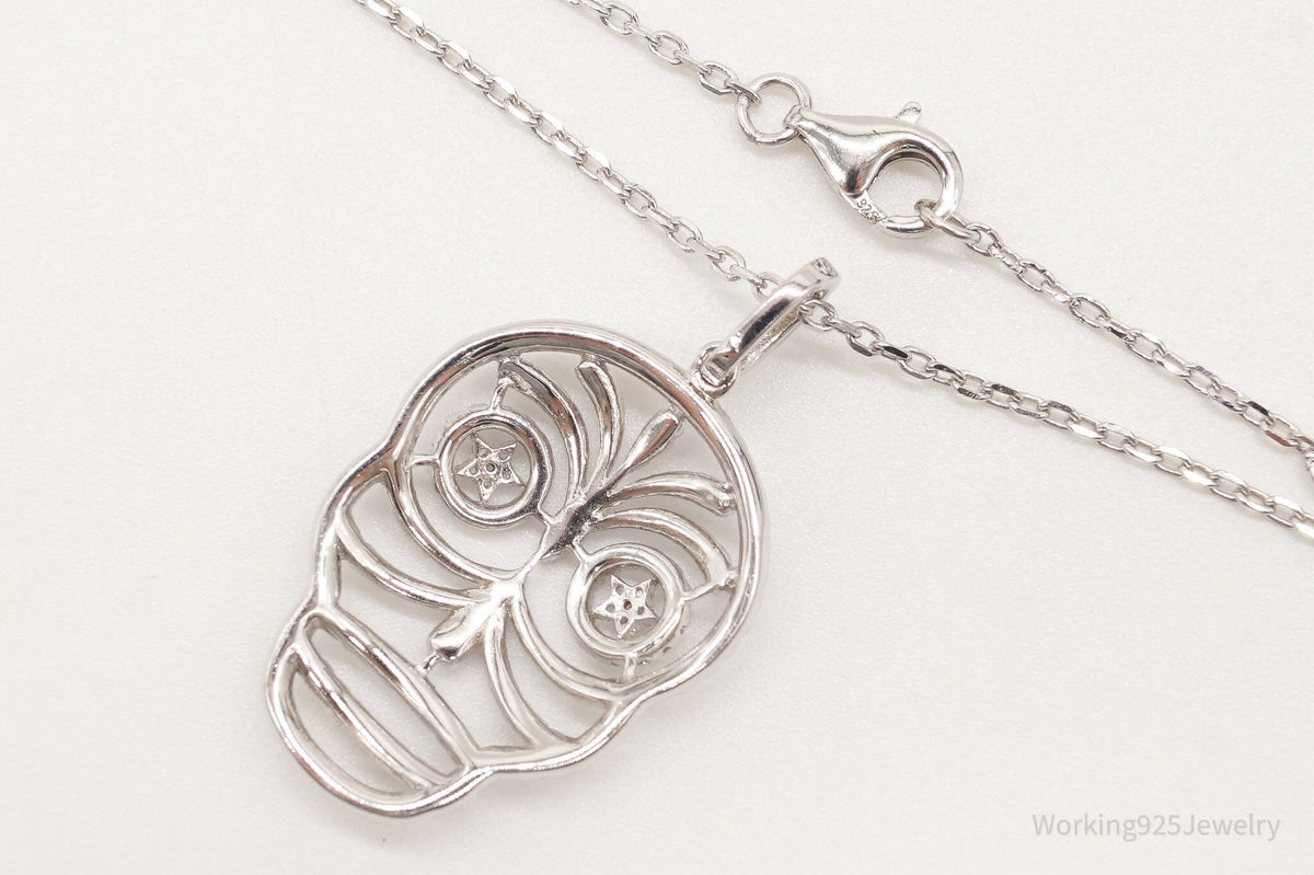 Vintage Cubic Zirconia Skull Sterling Silver Necklace