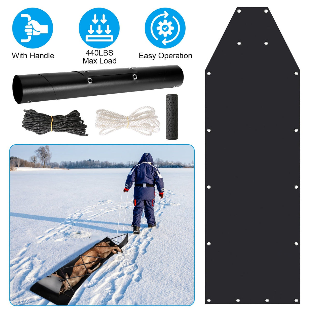 Deer Drag Sled with Handle Deer Cart Game Hauler Snow Sledding Pad Hunting Gear Supplies with 32.8FT Black Rope 16.1FT White Rope for Hunting Ice Fish