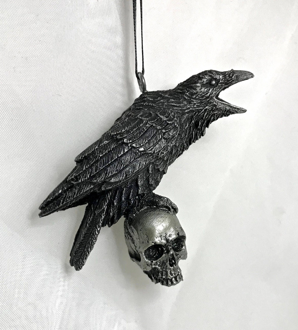 Raven Perched on Skull Ornament | Unique Gothic Home Decor | Resin Sculpture Poe's Raven, Literary Ornament Gift and Gothic Holiday Decor