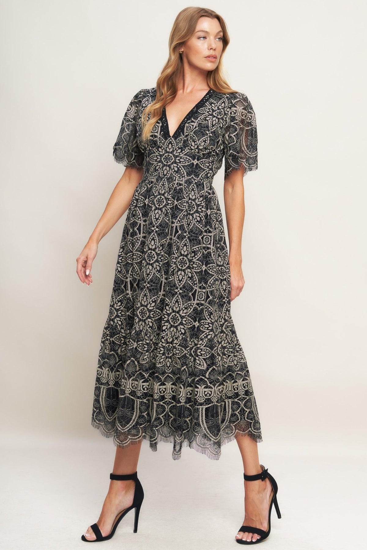 GOTHIC BLOOM WOVEN LACE MIDI DRESS