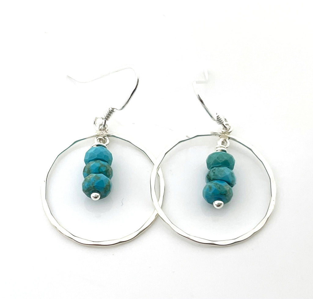 Hammered Circle Earrings with Turquoise - Sterling Silver