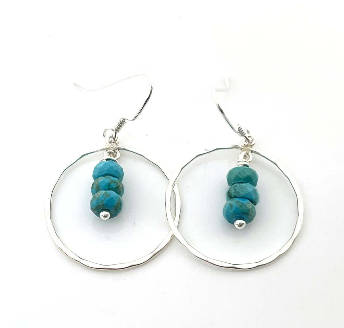 Hammered Circle Earrings with Turquoise - Sterling Silver
