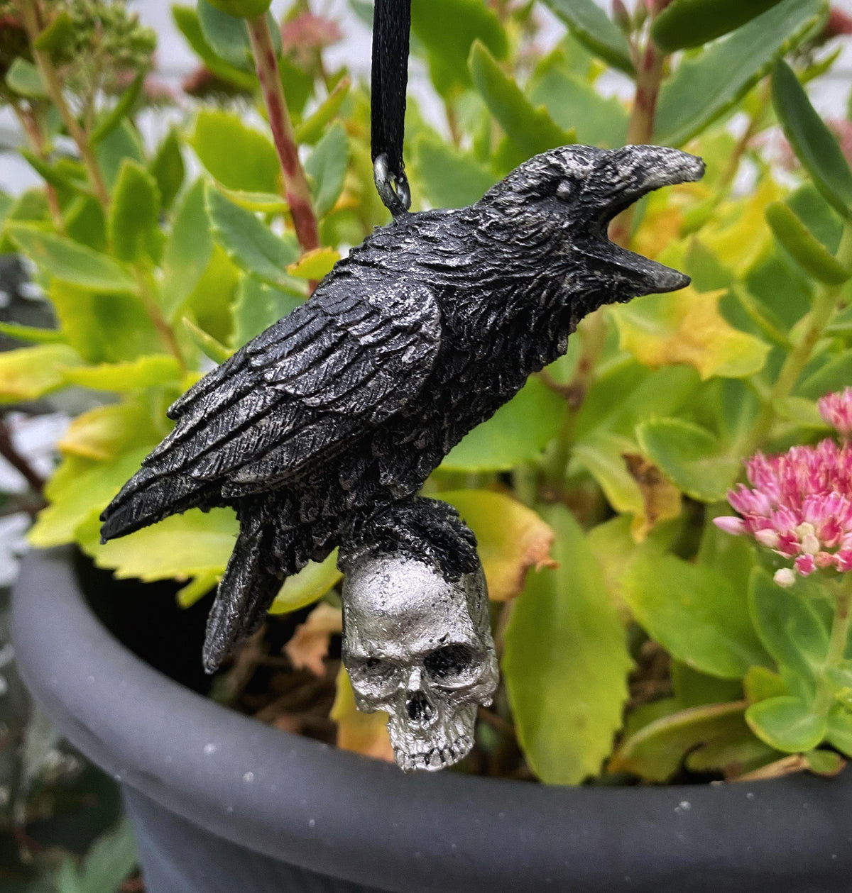 Raven Perched on Skull Ornament | Unique Gothic Home Decor | Resin Sculpture Poe's Raven, Literary Ornament Gift and Gothic Holiday Decor