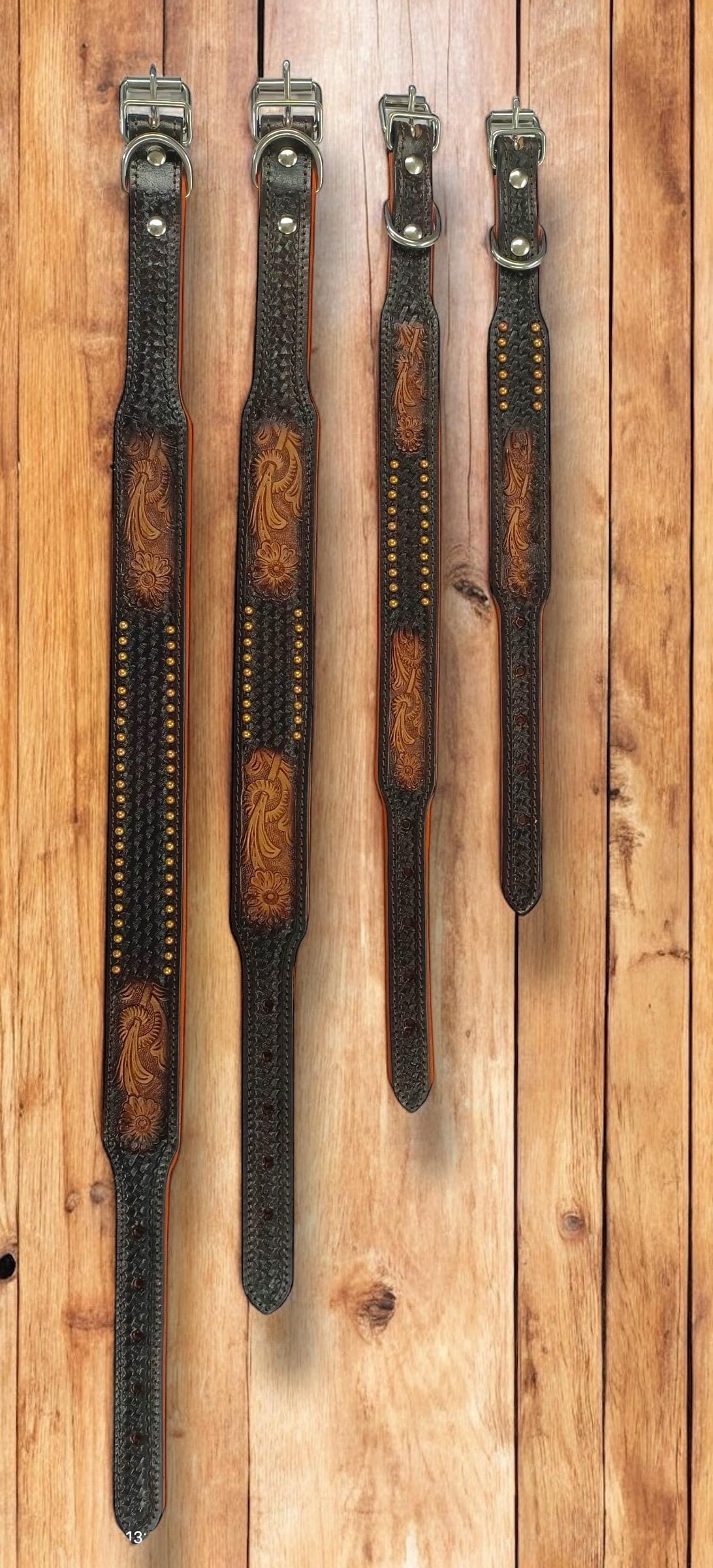 Western Genuine Leather dog collar tooled details aces cards sunflower feather rhinestone cactus floral by Double B Wild Rags