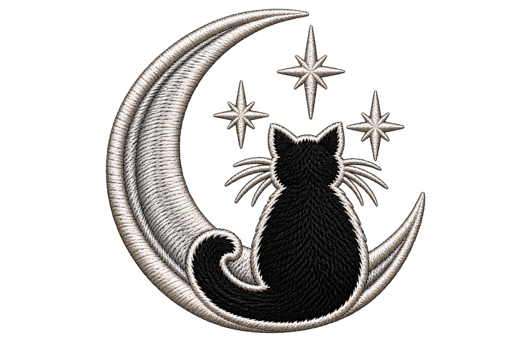 Wild & Whisker moon and black cat embroidery artwork concept; design illustration, not a photograph of the finished beanie