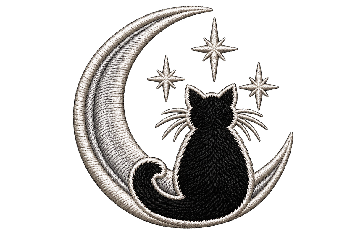 Wild & Whisker moon and black cat embroidery artwork concept; design illustration, not a photograph of the finished beanie